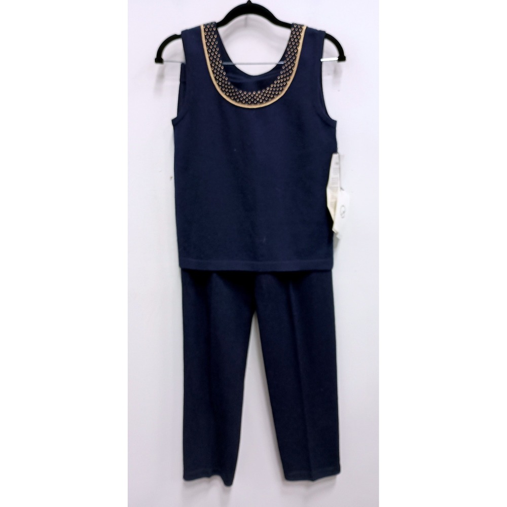 St. John Basics Knit Pant Set Womens 2 Blue‎ Studded Sleeveless Vintage Luxury